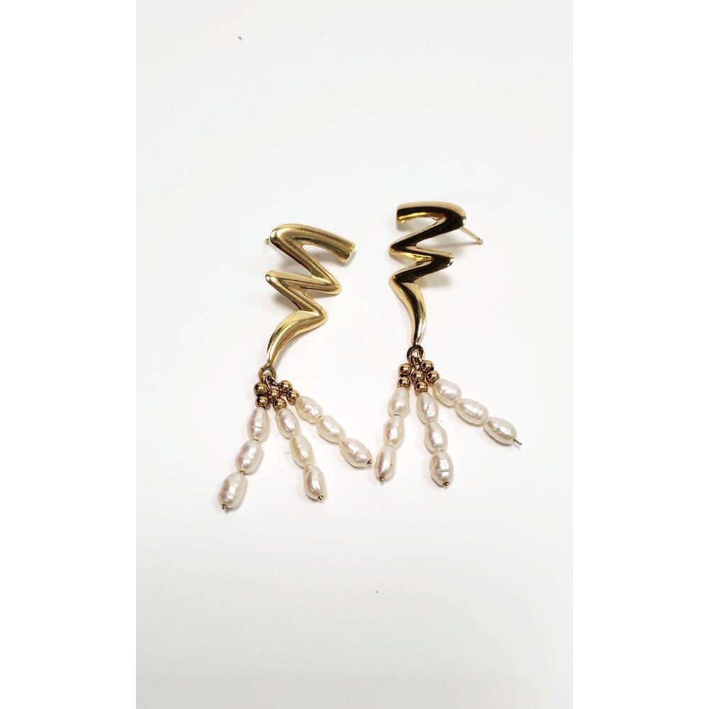 14k Yellow Gold Freshwater Pearl Lightning Bolt Swirl Earrings Signed SR 3 Grams